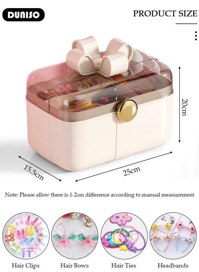 2 Layers Hair Accessories Storage Box with Lid, Hairband Hair Clip Jewelry Organizer, Lockable Desktop Storage Box, Portable Medicine Storage Box, Multipurpose Organizer Case for Hair Clips, Makeup, Sewing Art