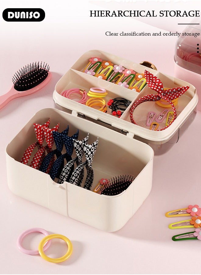 2 Layers Hair Accessories Storage Box with Lid, Hairband Hair Clip Jewelry Organizer, Lockable Desktop Storage Box, Portable Medicine Storage Box, Multipurpose Organizer Case for Hair Clips, Makeup, Sewing Art