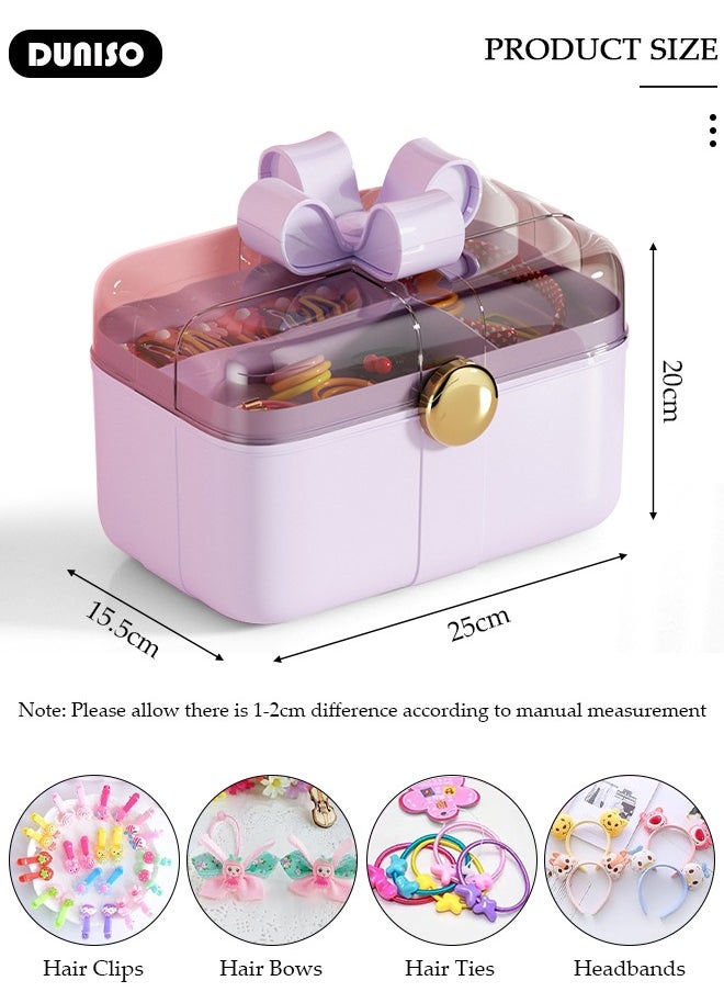 2 Layers Hair Accessories Storage Box with Lid, Hairband Hair Clip Jewelry Organizer, Lockable Desktop Storage Box, Portable Medicine Storage Box, Multipurpose Organizer Case for Hair Clips, Makeup, Sewing Art