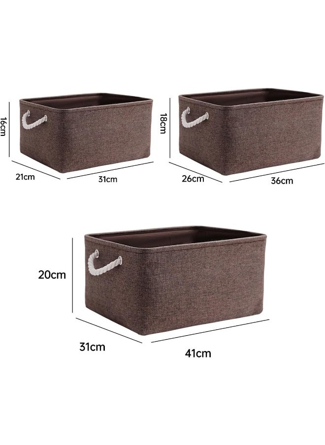 3PCS Collapsible Rectangular Storage Basket with Handles, Storage Bins Organizer Shelf Basket for Organizing Shelves, Closets, Clothes, and Toy (Brown)