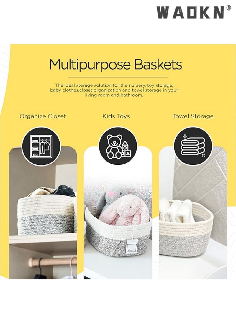 Cotton Rope Storage Baskets - Set of 3 | Small Grey & White Baskets for Shelves | Organizer Bins for Nursery & Bathroom