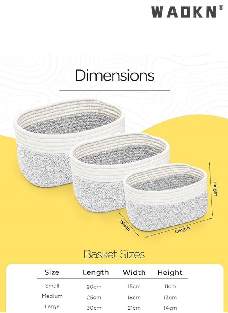 Cotton Rope Storage Baskets - Set of 3 | Small Grey & White Baskets for Shelves | Organizer Bins for Nursery & Bathroom