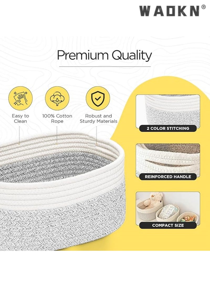 Cotton Rope Storage Baskets - Set of 3 | Small Grey & White Baskets for Shelves | Organizer Bins for Nursery & Bathroom