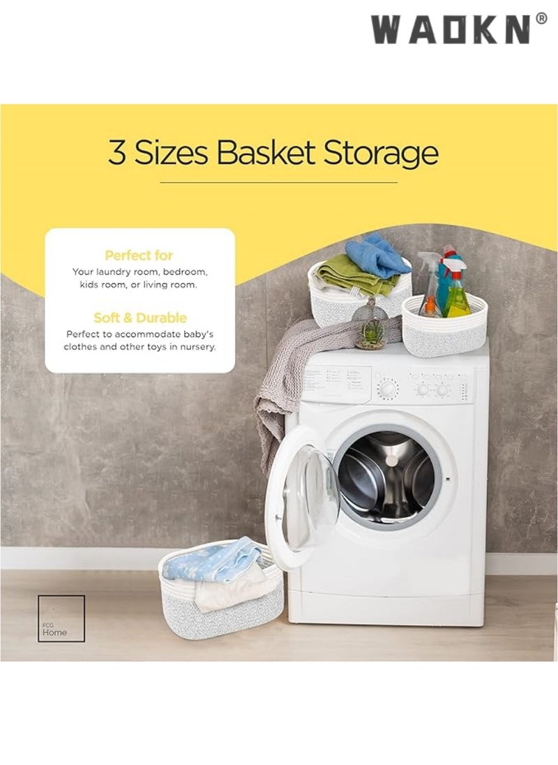 Cotton Rope Storage Baskets - Set of 3 | Small Grey & White Baskets for Shelves | Organizer Bins for Nursery & Bathroom