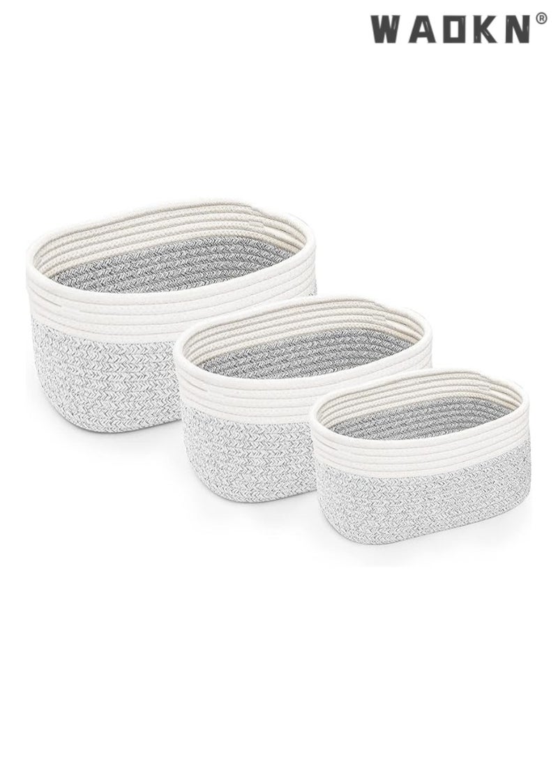 Cotton Rope Storage Baskets - Set of 3 | Small Grey & White Baskets for Shelves | Organizer Bins for Nursery & Bathroom