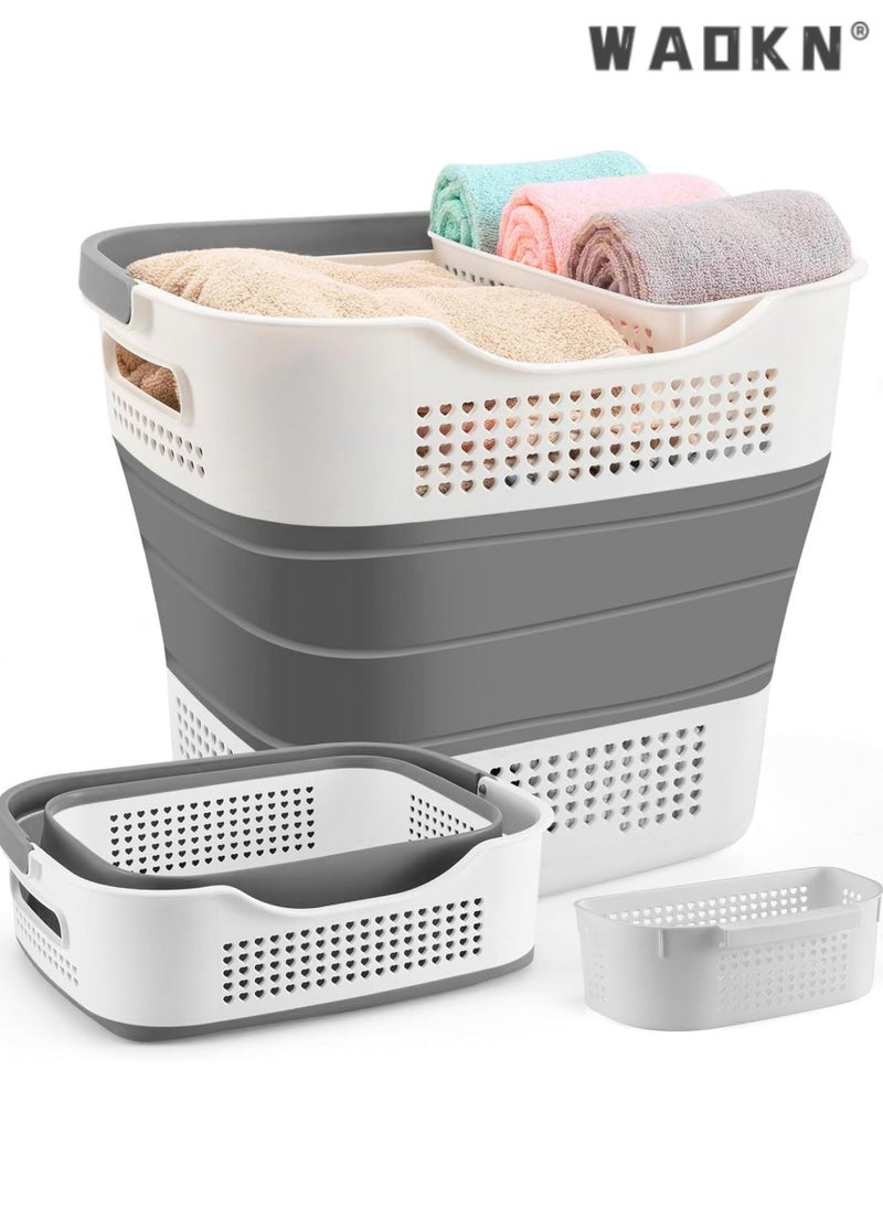 Foldable Laundry Basket Plastic  with Handle, Collapsible Bucket Laundry Hamper, Plastic Basket Laundry Bin Container, Multi purpose Organizer Clothes Storage Washing Basket for Home - Dark Grey