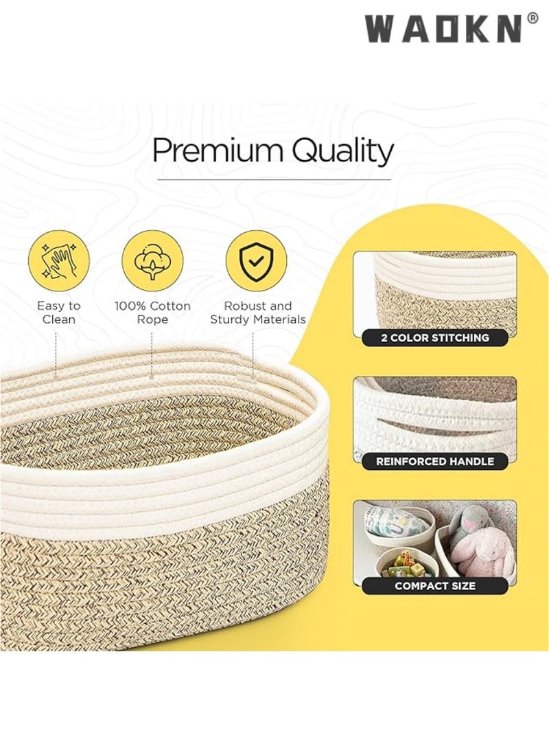 Cotton Rope Storage Baskets - Set of 3 | Small Brown & White Baskets for Shelves | Organizer Bins for Nursery & Bathroom