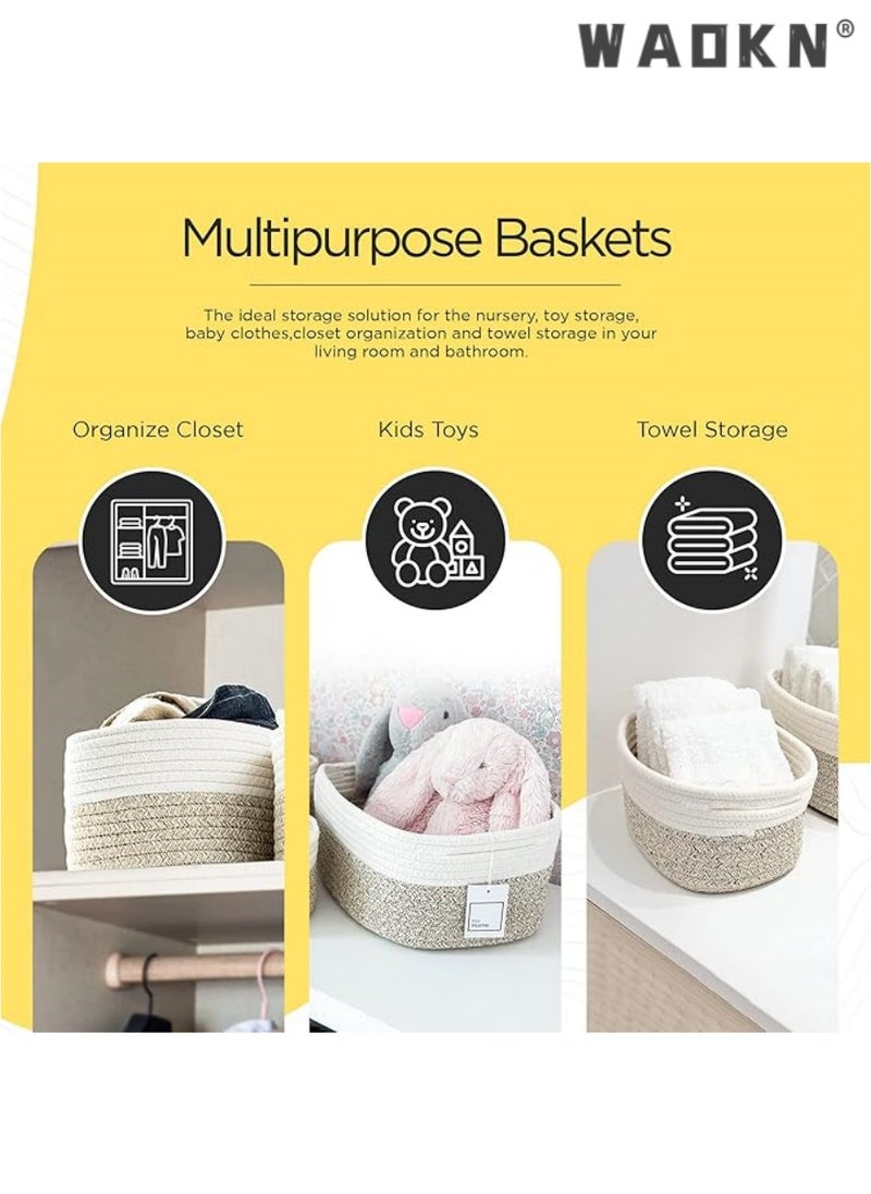 Cotton Rope Storage Baskets - Set of 3 | Small Brown & White Baskets for Shelves | Organizer Bins for Nursery & Bathroom