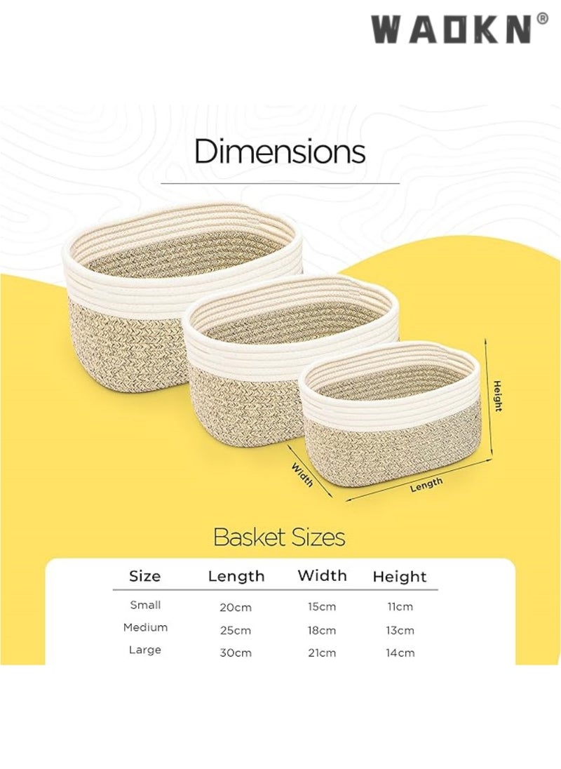 Cotton Rope Storage Baskets - Set of 3 | Small Brown & White Baskets for Shelves | Organizer Bins for Nursery & Bathroom