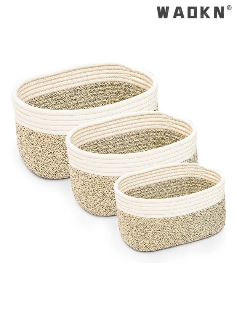 Cotton Rope Storage Baskets - Set of 3 | Small Brown & White Baskets for Shelves | Organizer Bins for Nursery & Bathroom