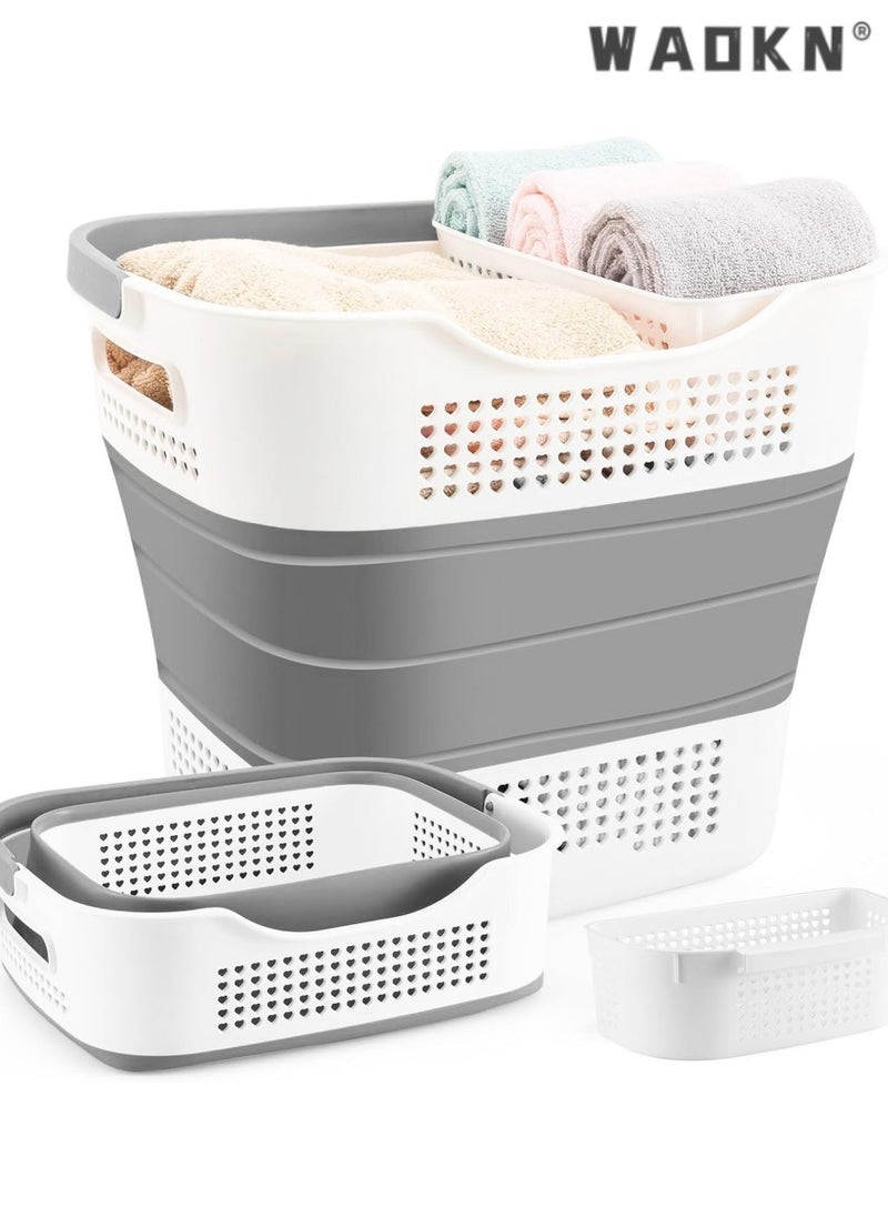 Foldable Laundry Basket Plastic  with Handle, Collapsible Bucket Laundry Hamper, Plastic Basket Laundry Bin Container, Multi purpose Organizer Clothes Storage Washing Basket for Home - Dark Grey