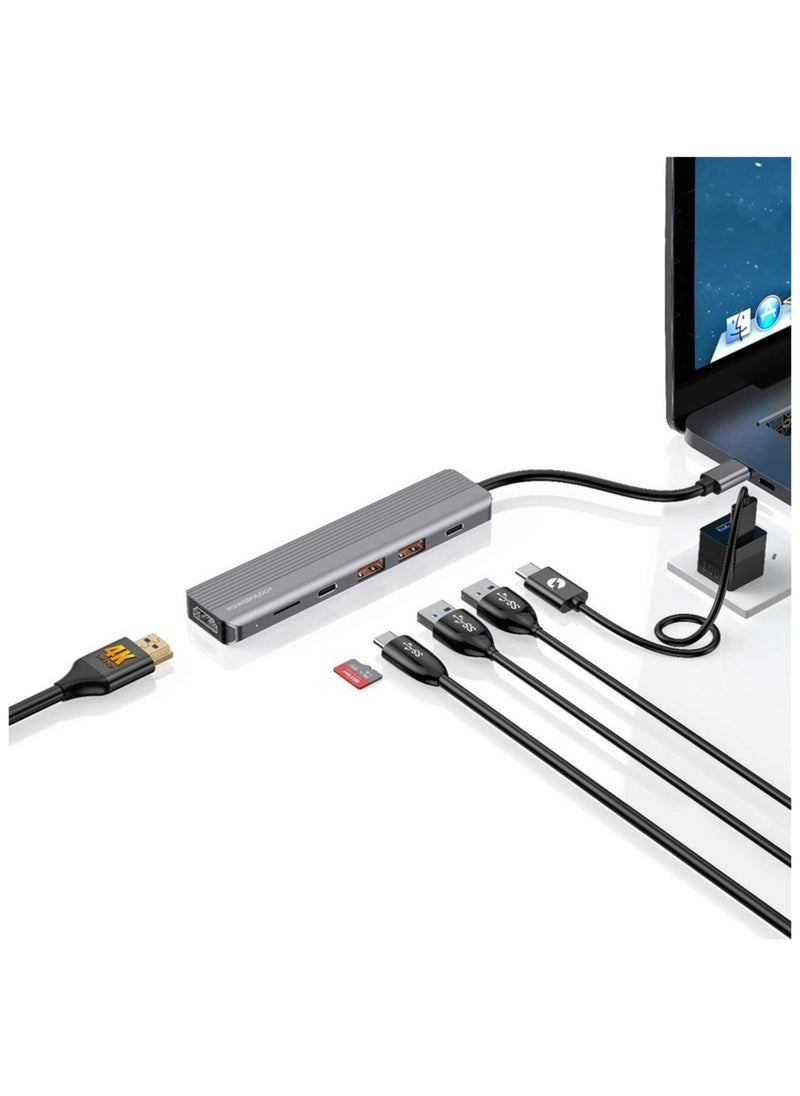 6-in-1 USB-C Hub HDMI Type-C 100W PD USB MicroSD, Ultra HD HDMI Port, Charge & Data - Gray