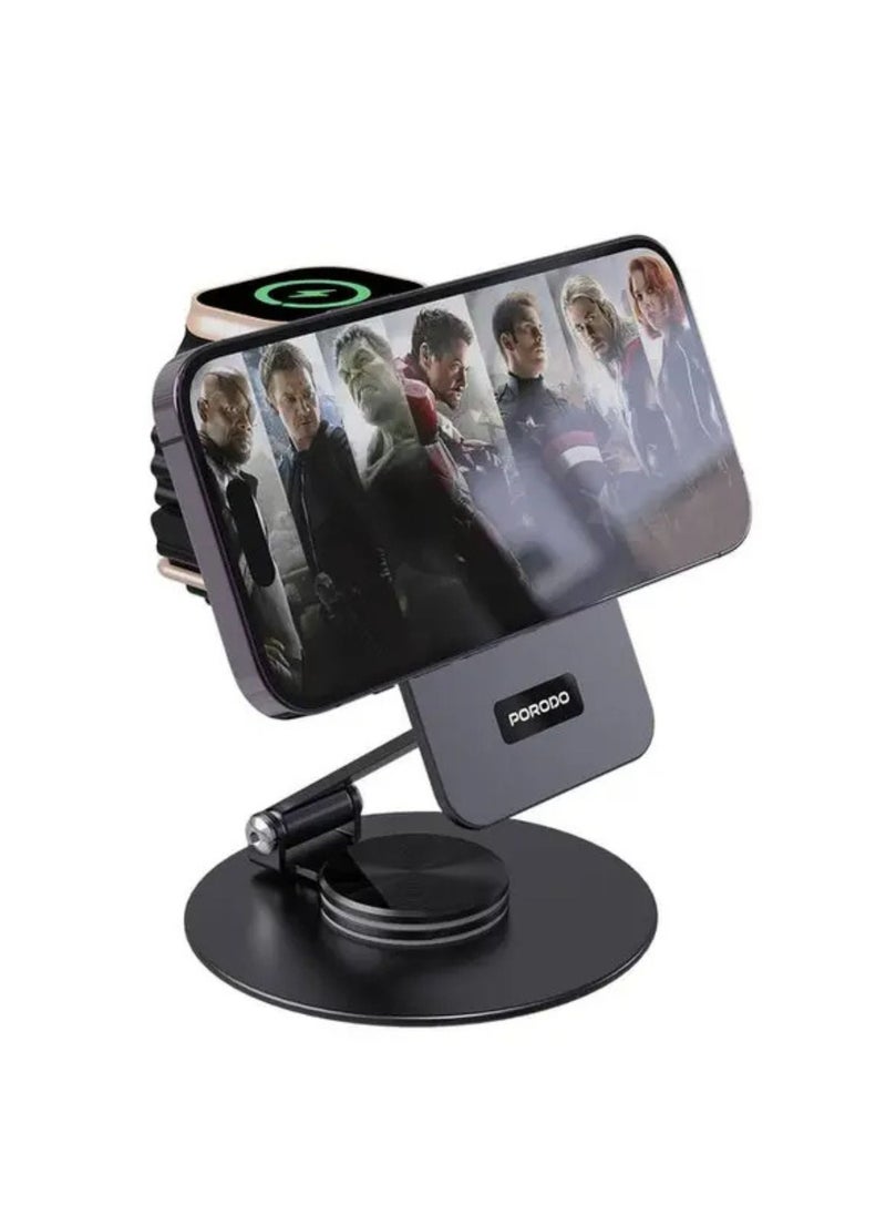 Wireless Charging Rotating Stand with Folding Watch Charge, Flexible Viewing Angle, 360° Rotating Base - Black