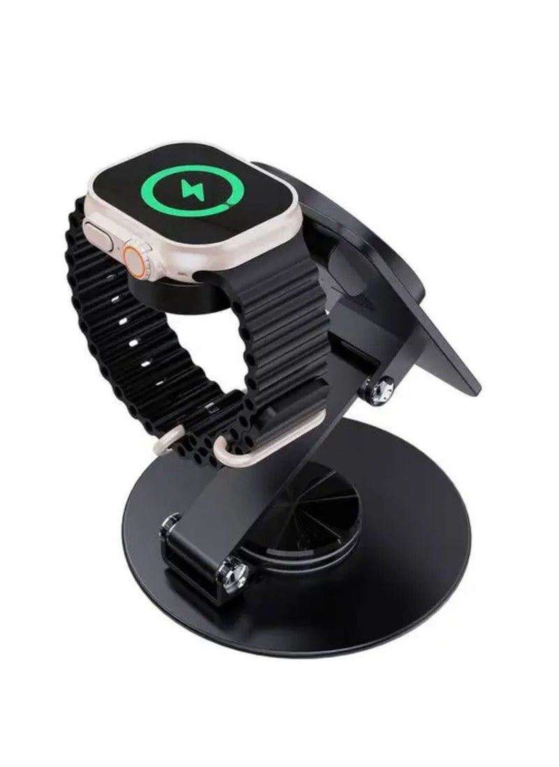 Wireless Charging Rotating Stand with Folding Watch Charge, Flexible Viewing Angle, 360° Rotating Base - Black