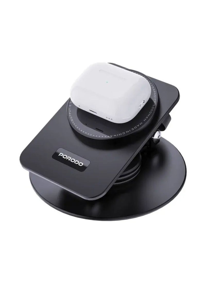 Wireless Charging Rotating Stand with Folding Watch Charge, Flexible Viewing Angle, 360° Rotating Base - Black