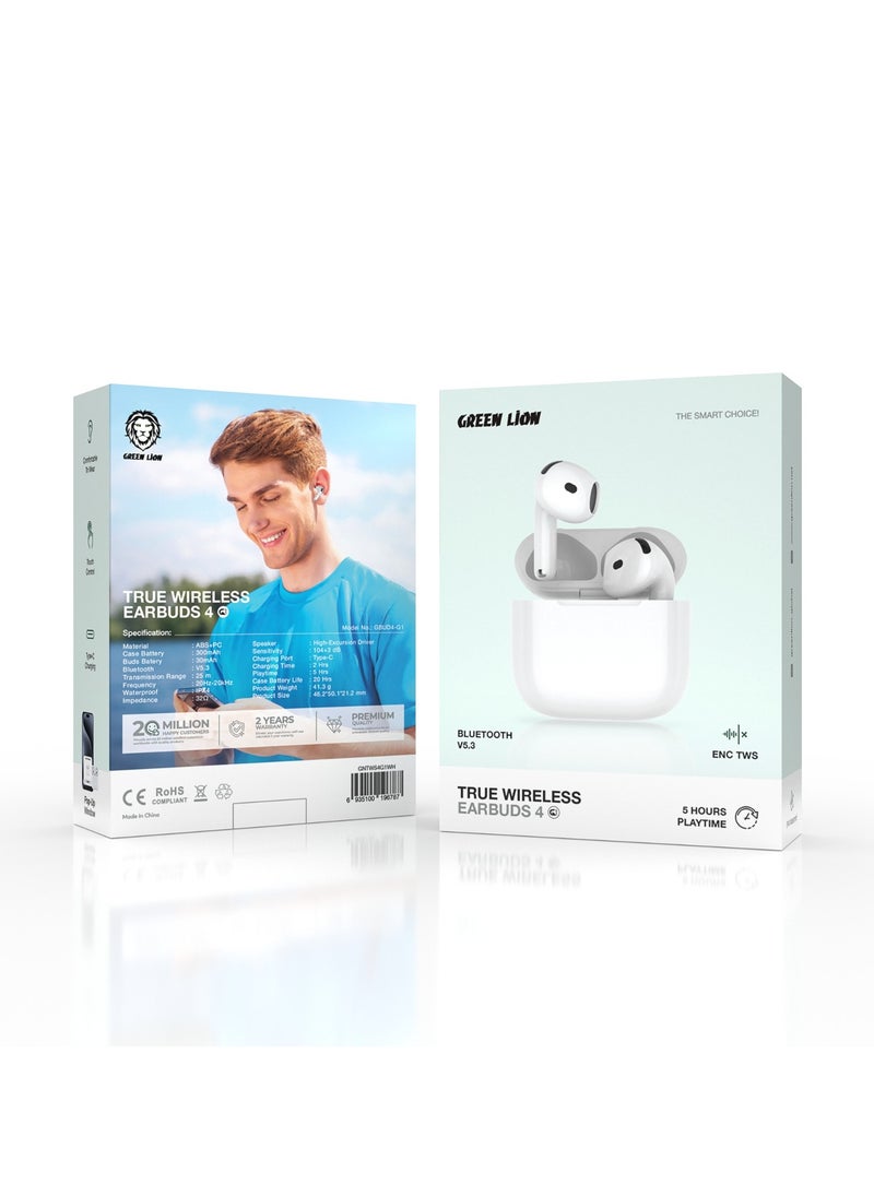 True Wireless Earbuds 4 G1 / Touch Control /  Comfortable to Wear /  ENC / High-Excursion Driver Speaker / 25m Transmission Range / ABS + PC Material - White