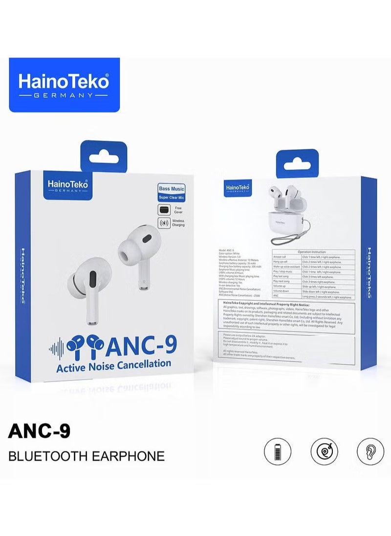 ANC 9 Bluetooth Earphones with Active Noise Cancellation, Enhanced Bass, Music Clear Microphone, and Touch Controls – Compatible with iPhones and iPads, Premium Sound Quality, Comfortable Fit, White