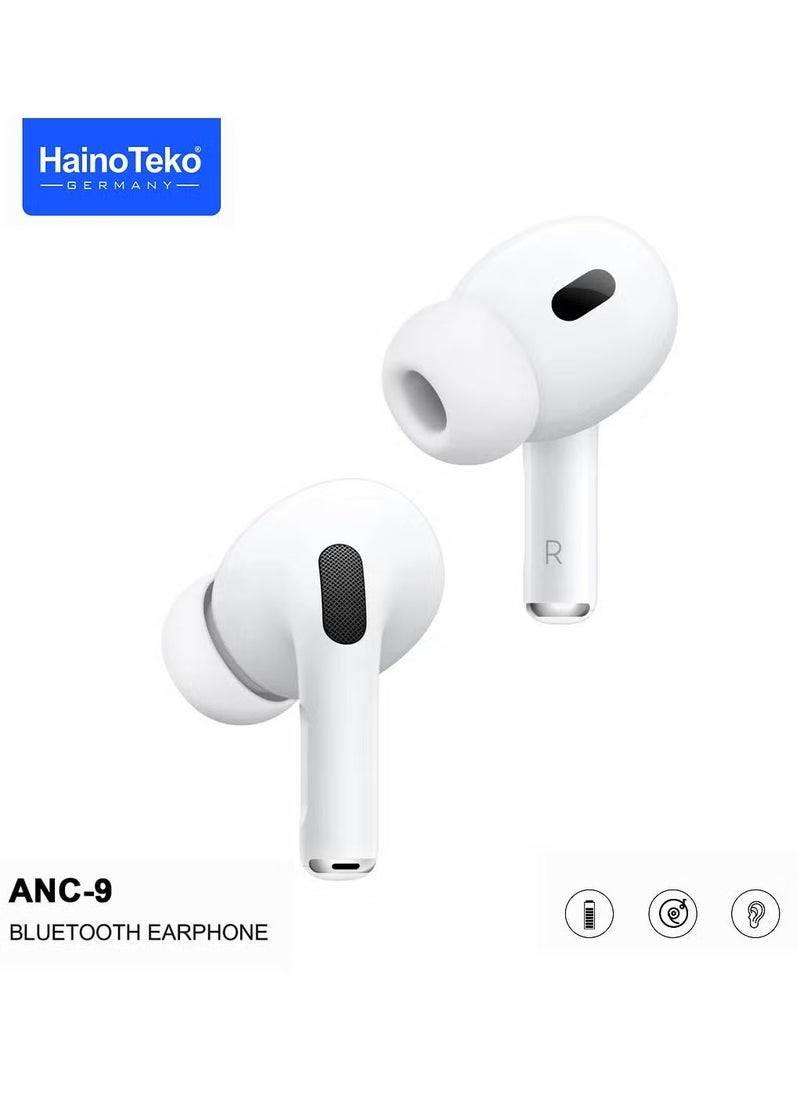 ANC 9 Bluetooth Earphones with Active Noise Cancellation, Enhanced Bass, Music Clear Microphone, and Touch Controls – Compatible with iPhones and iPads, Premium Sound Quality, Comfortable Fit, White