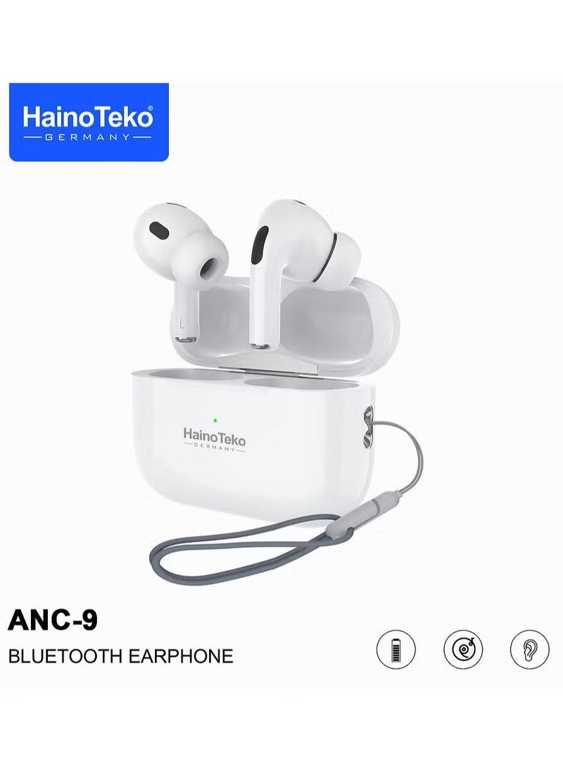 ANC 9 Bluetooth Earphones with Active Noise Cancellation, Enhanced Bass, Music Clear Microphone, and Touch Controls – Compatible with iPhones and iPads, Premium Sound Quality, Comfortable Fit, White