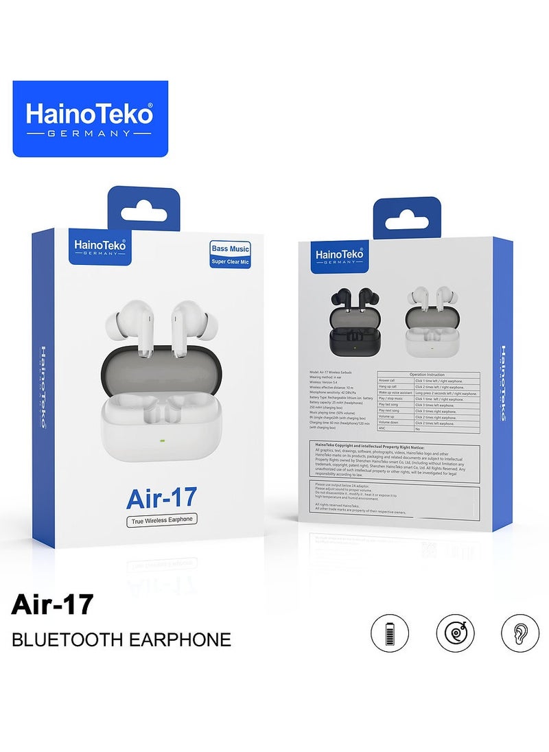 Haino Teko Air-17 True Wireless Earphone Bass Music and Super Clear Mic Designed for Android Mobiles and Tablets White