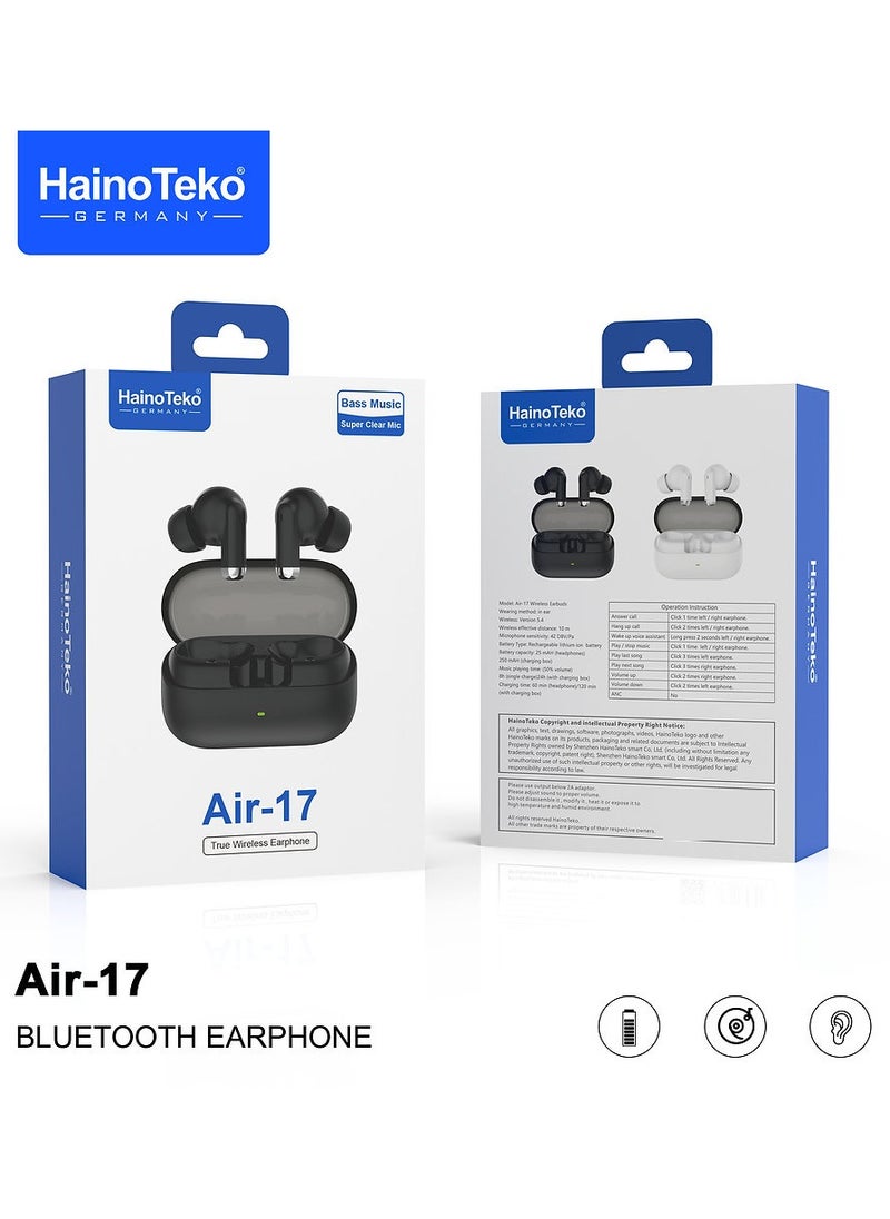 Haino Teko Air-17 True Wireless Earphone Bass Music and Super Clear Mic Designed for Android Mobiles and Tablets Black