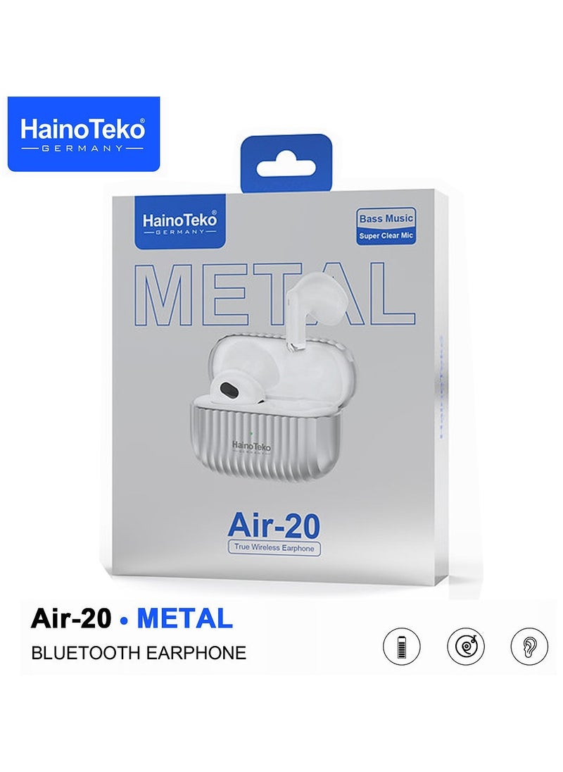 Haino Teko Air-20 Metal Bluetooth Earphones With High Bass Music Technology Super Clear Microphone and Multifunctional Touch Control Compatible with iPhones and iPads White