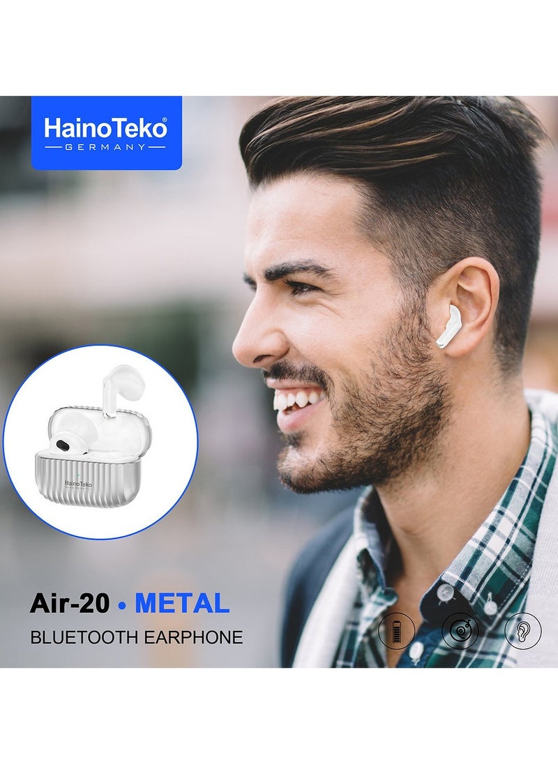 Haino Teko Air-20 Metal Bluetooth Earphones With High Bass Music Technology Super Clear Microphone and Multifunctional Touch Control Compatible with iPhones and iPads White