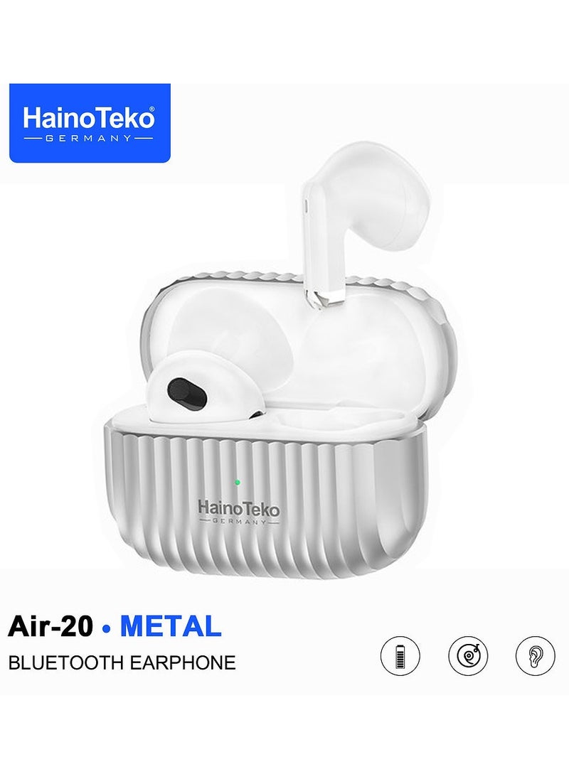 Haino Teko Air-20 Metal Bluetooth Earphones With High Bass Music Technology Super Clear Microphone and Multifunctional Touch Control Compatible with iPhones and iPads White