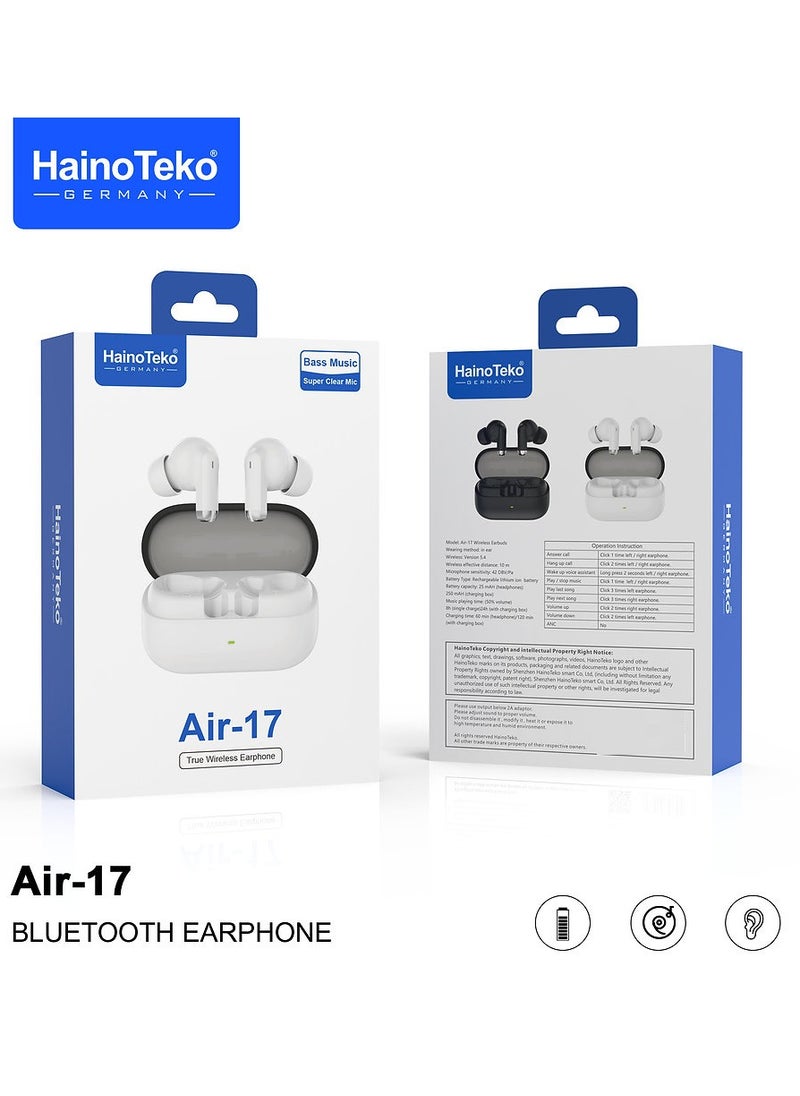 Haino Teko Air-17 True Wireless Earphone Bass Music and Super Clear Mic Designed for iPhone and iPads White