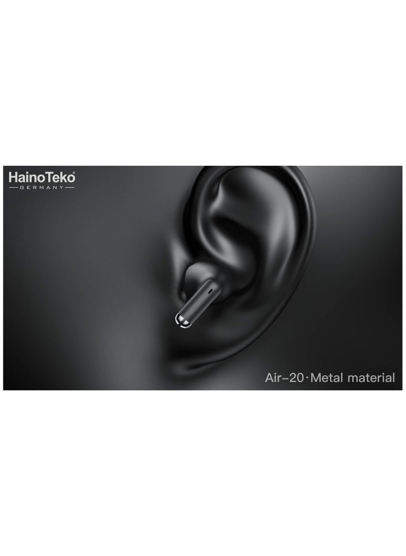 Haino Teko Air-20 Metal Bluetooth Earphones With High Bass Music Technology Super Clear Microphone and Multifunctional Touch Control Compatible with Android Mobiles and Tablets Black