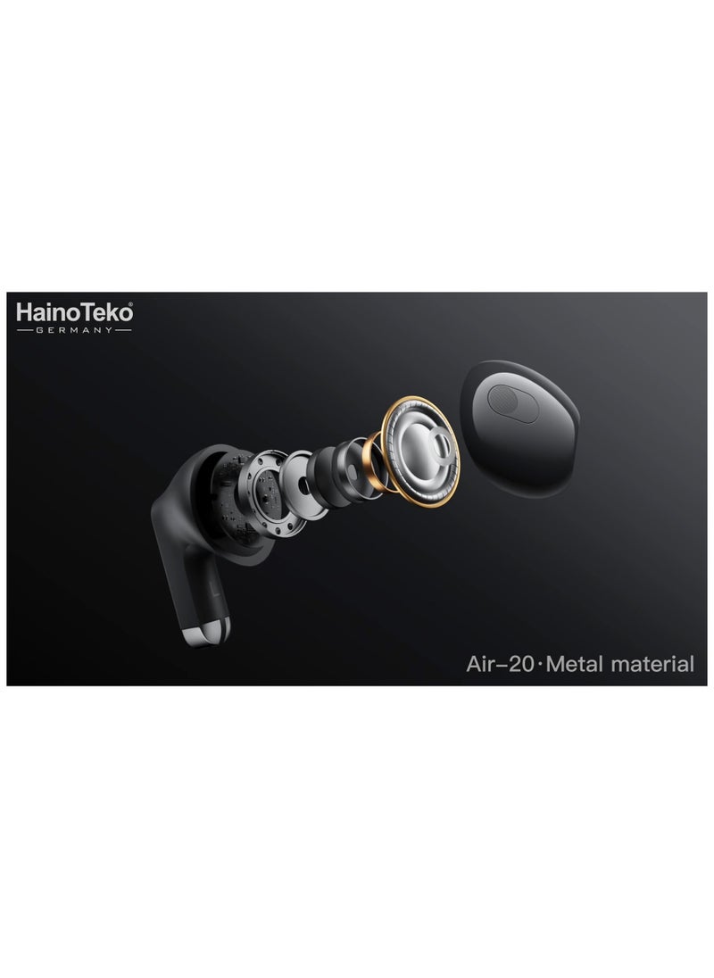 Haino Teko Air-20 Metal Bluetooth Earphones With High Bass Music Technology Super Clear Microphone and Multifunctional Touch Control Compatible with Android Mobiles and Tablets Black