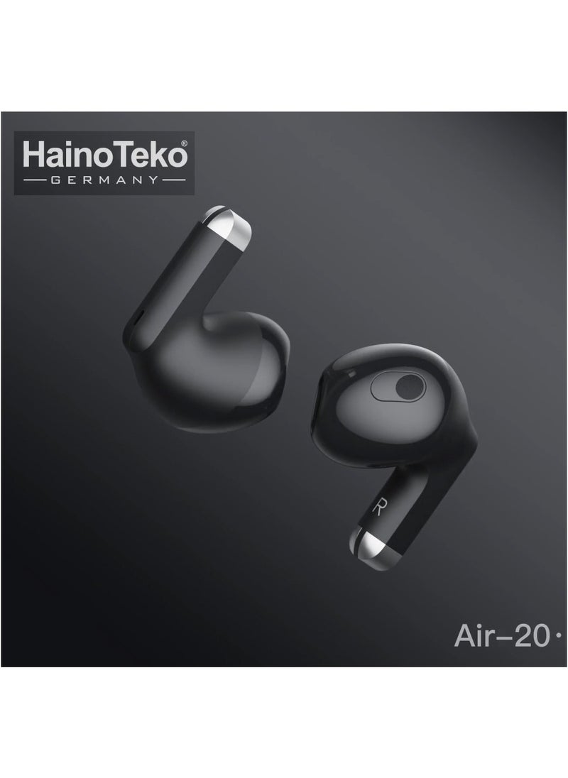 Haino Teko Air-20 Metal Bluetooth Earphones With High Bass Music Technology Super Clear Microphone and Multifunctional Touch Control Compatible with Android Mobiles and Tablets Black