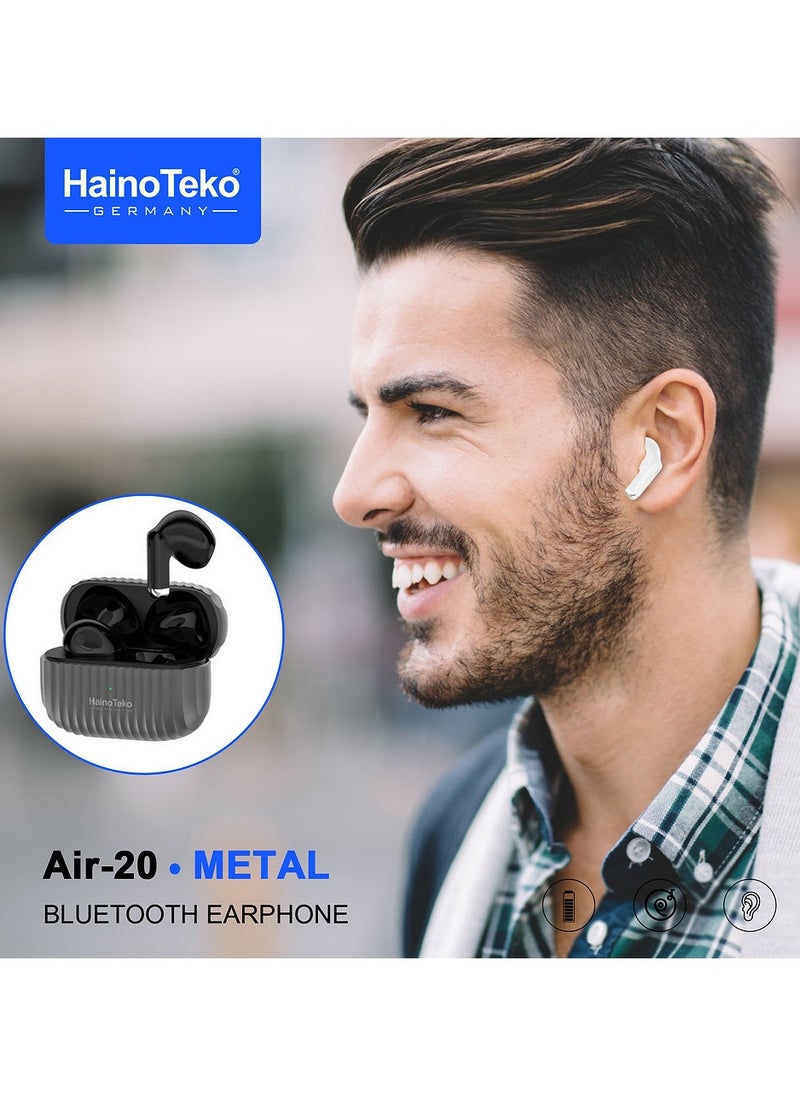 Haino Teko Air-20 Metal Bluetooth Earphones With High Bass Music Technology Super Clear Microphone and Multifunctional Touch Control Compatible with Android Mobiles and Tablets Black