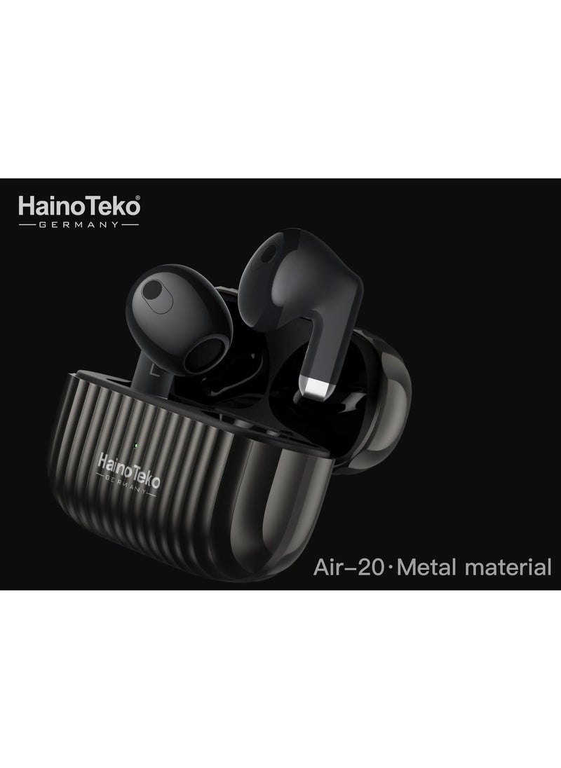 Haino Teko Air-20 Metal Bluetooth Earphones With High Bass Music Technology Super Clear Microphone and Multifunctional Touch Control Compatible with Android Mobiles and Tablets Black