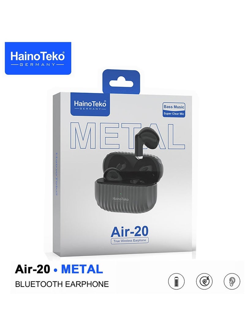 Haino Teko Air-20 Metal Bluetooth Earphones With High Bass Music Technology Super Clear Microphone and Multifunctional Touch Control Compatible with Android Mobiles and Tablets Black