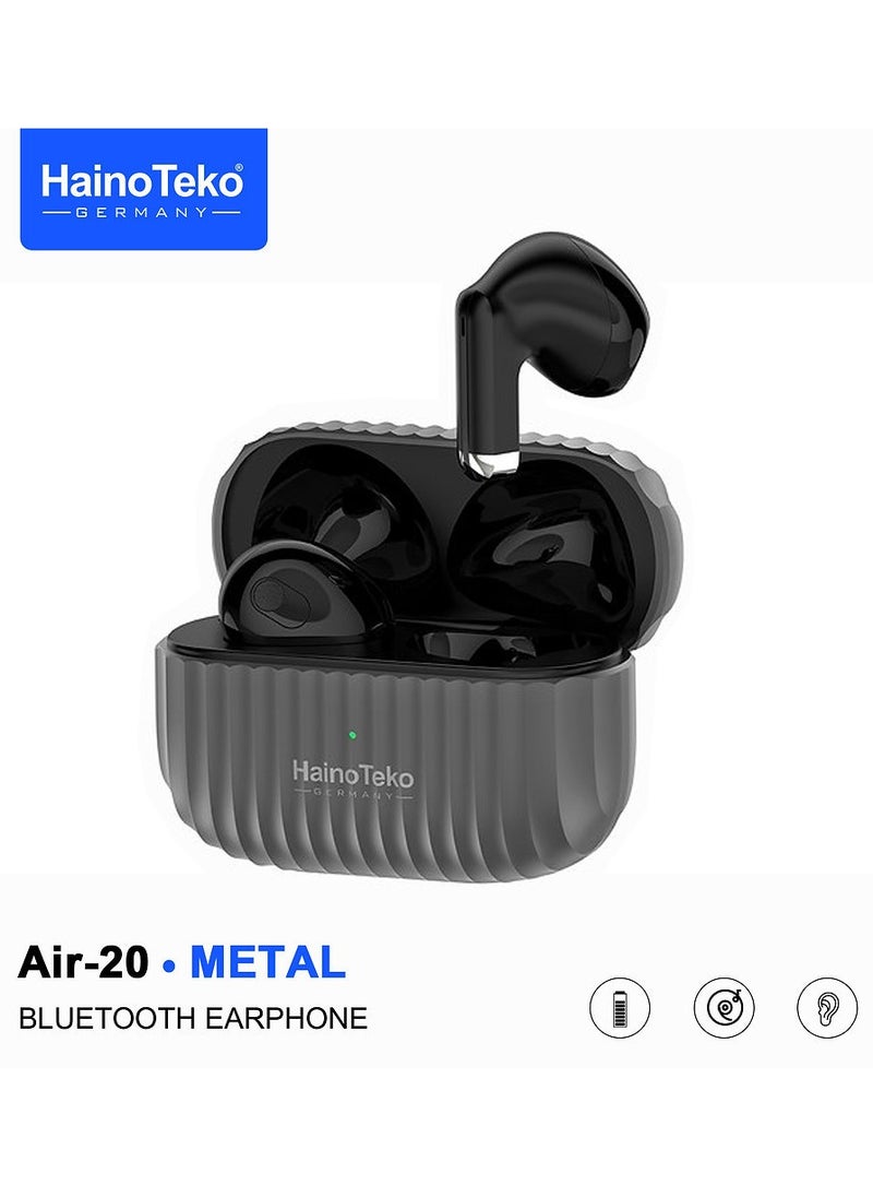 Haino Teko Air-20 Metal Bluetooth Earphones With High Bass Music Technology Super Clear Microphone and Multifunctional Touch Control Compatible with Android Mobiles and Tablets Black