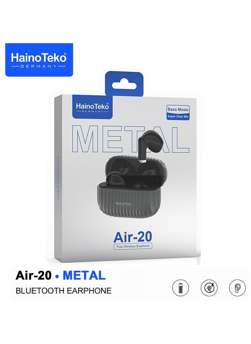 Haino Teko Air-20 Metal Bluetooth Earphones With High Bass Music Technology Super Clear Microphone and Multifunctional Touch Control Compatible with iPhones and iPads Black