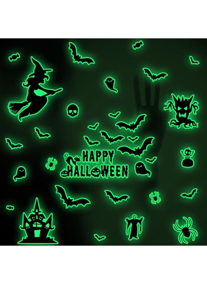 Halloween Green Skull Bat Wall Stickers Glow-In-The-Dark Bats Scary Wall Decals Luminous Halloween Scary Wall Stickers Removable Window Clings For Scary Halloween Theme Party