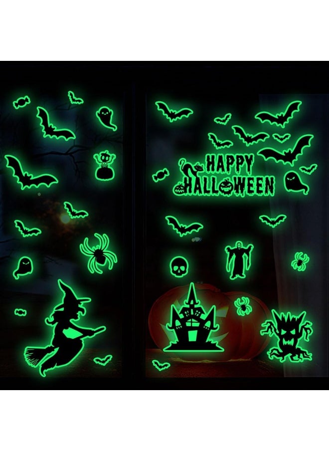 Halloween Green Skull Bat Wall Stickers Glow-In-The-Dark Bats Scary Wall Decals Luminous Halloween Scary Wall Stickers Removable Window Clings For Scary Halloween Theme Party