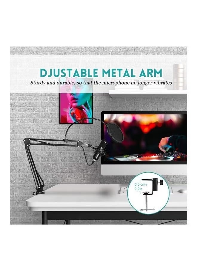 USB Condenser Microphone Kit Plug and Play Streaming Podcast PC Mic With Sound Card Boom Arm Shock Mount Pop Filter Professional Recording Microphone For Youtuber