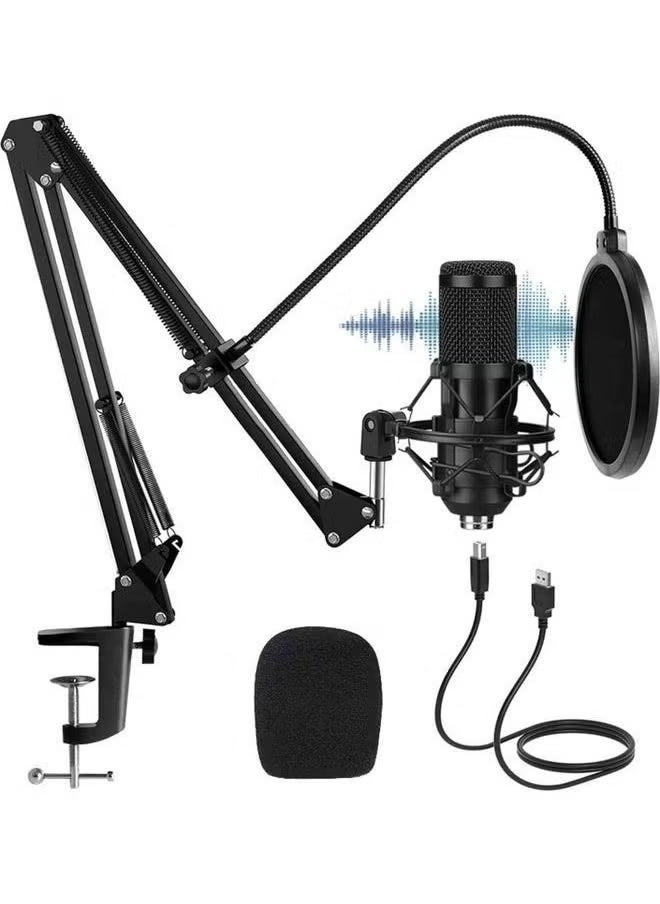 USB Condenser Microphone Kit Plug and Play Streaming Podcast PC Mic With Sound Card Boom Arm Shock Mount Pop Filter Professional Recording Microphone For Youtuber