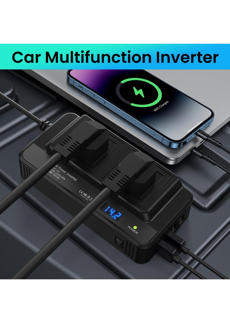 200W Car Power Inverter Converter Inverter DC 12V to AC 230V Ports Fast Charging Car Charger Adapter with 2 Sockets and 4 USB for Business Trips and Vacation