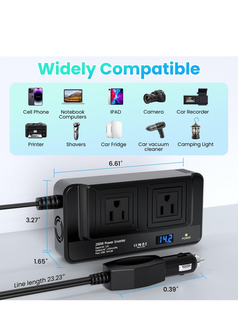 200W Car Power Inverter Converter Inverter DC 12V to AC 230V Ports Fast Charging Car Charger Adapter with 2 Sockets and 4 USB for Business Trips and Vacation