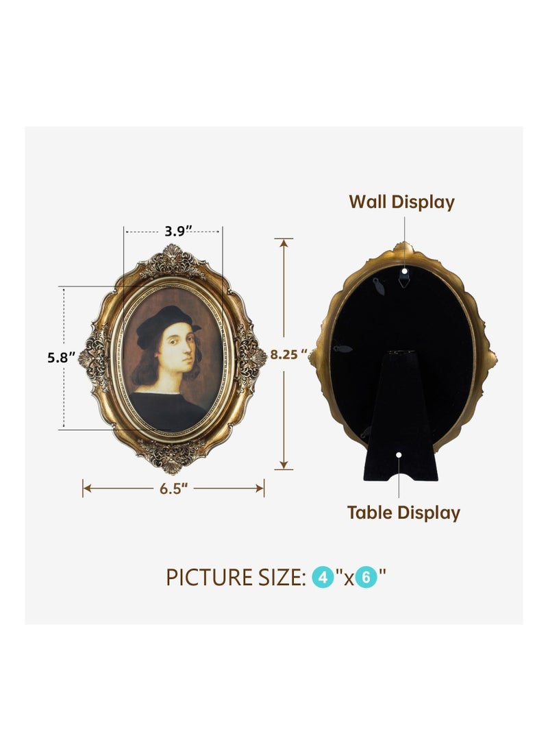 Antique Oval Picture Frame Vintage Photo Glass Front Tabletop or Wall Hanging Art Gallery Decor for Home Office Shop Store Decoration Festivals Gift Bronze Gold 4x6In