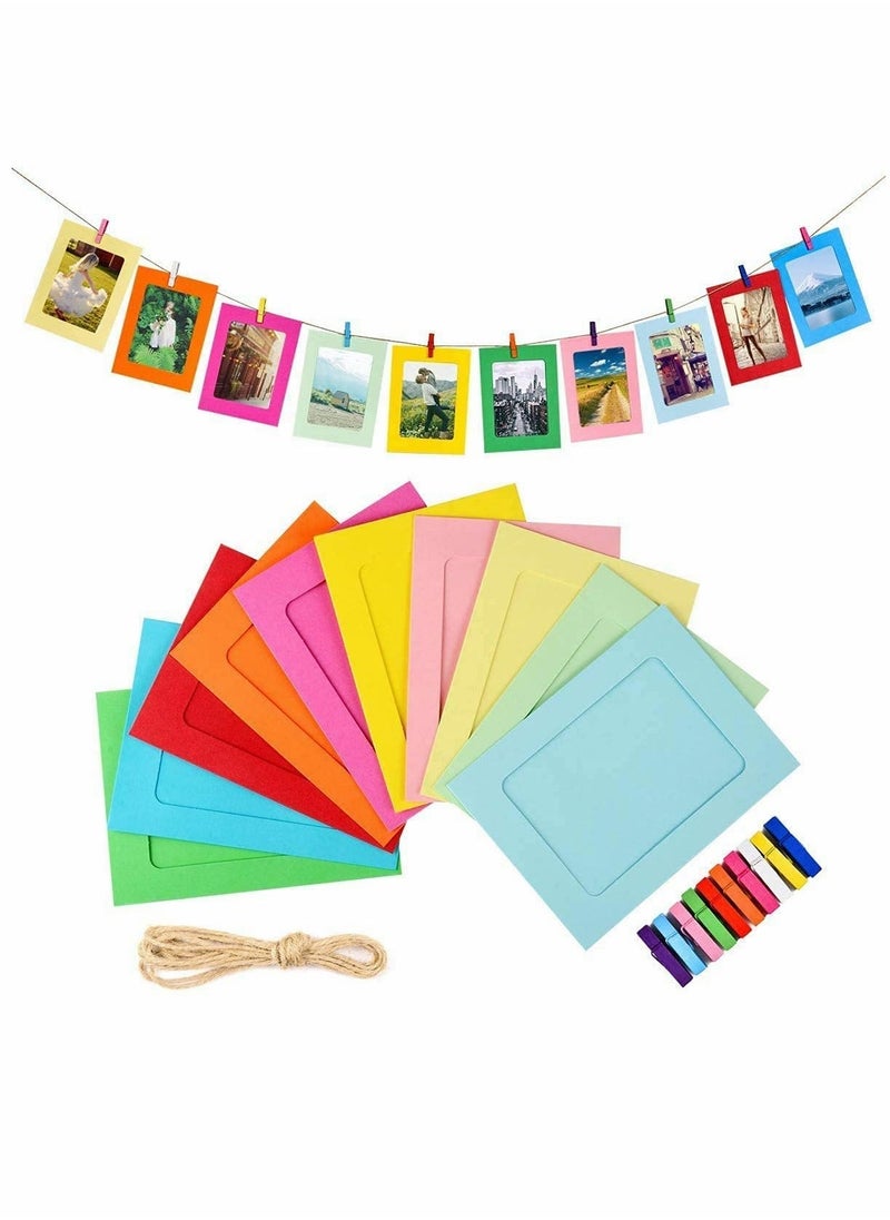 Paper Picture Frames, 10 Pieces Colorful DIY Creative Retro Kraft Paper Polaroid Films Hanging Album Frame with Wood Clips and Jute T, for Home School Office Wall Decoration (4x6 inch)