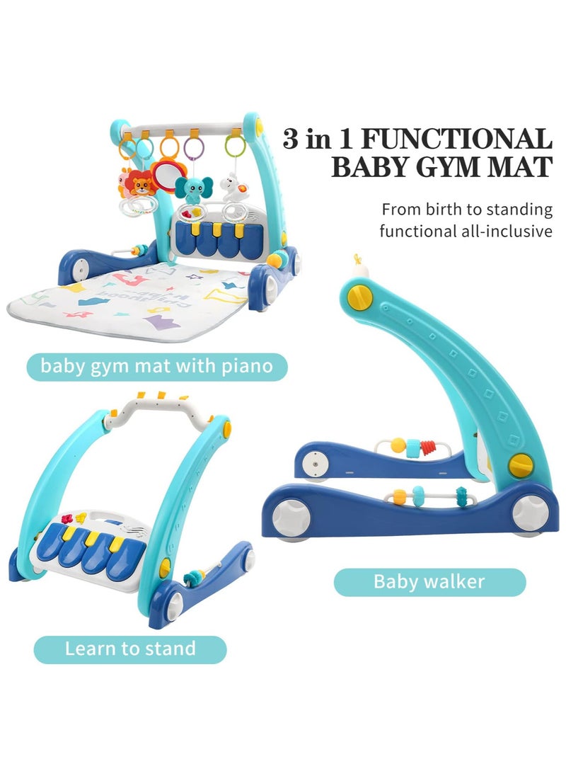 2 in 1 Baby Gym Play Mat & Sit-to-Stand Learning Walker,Kick &Play Piano Tummy Time Mat Toys with Mirror for Newborn Babies Toddlers Infants,Gift for 0-12 Month Baby Girls Boys Must Haves,Blue