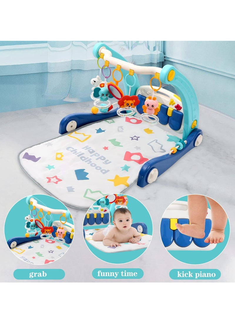 2 in 1 Baby Gym Play Mat & Sit-to-Stand Learning Walker,Kick &Play Piano Tummy Time Mat Toys with Mirror for Newborn Babies Toddlers Infants,Gift for 0-12 Month Baby Girls Boys Must Haves,Blue