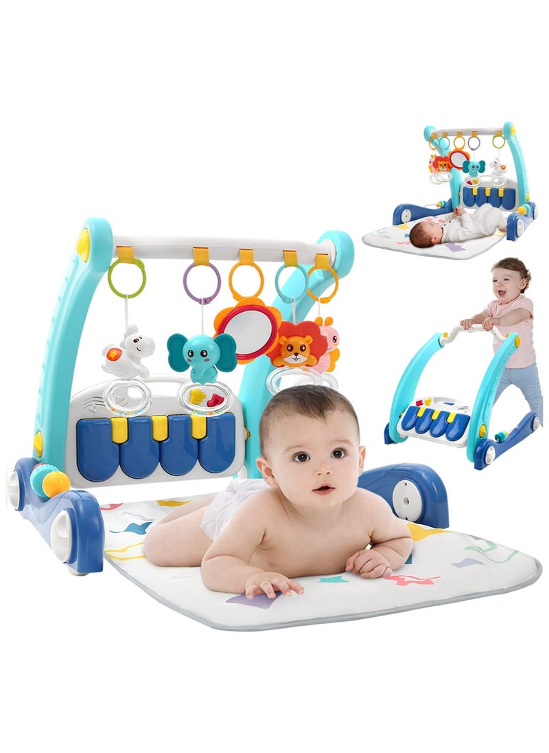 2 in 1 Baby Gym Play Mat & Sit-to-Stand Learning Walker,Kick &Play Piano Tummy Time Mat Toys with Mirror for Newborn Babies Toddlers Infants,Gift for 0-12 Month Baby Girls Boys Must Haves,Blue