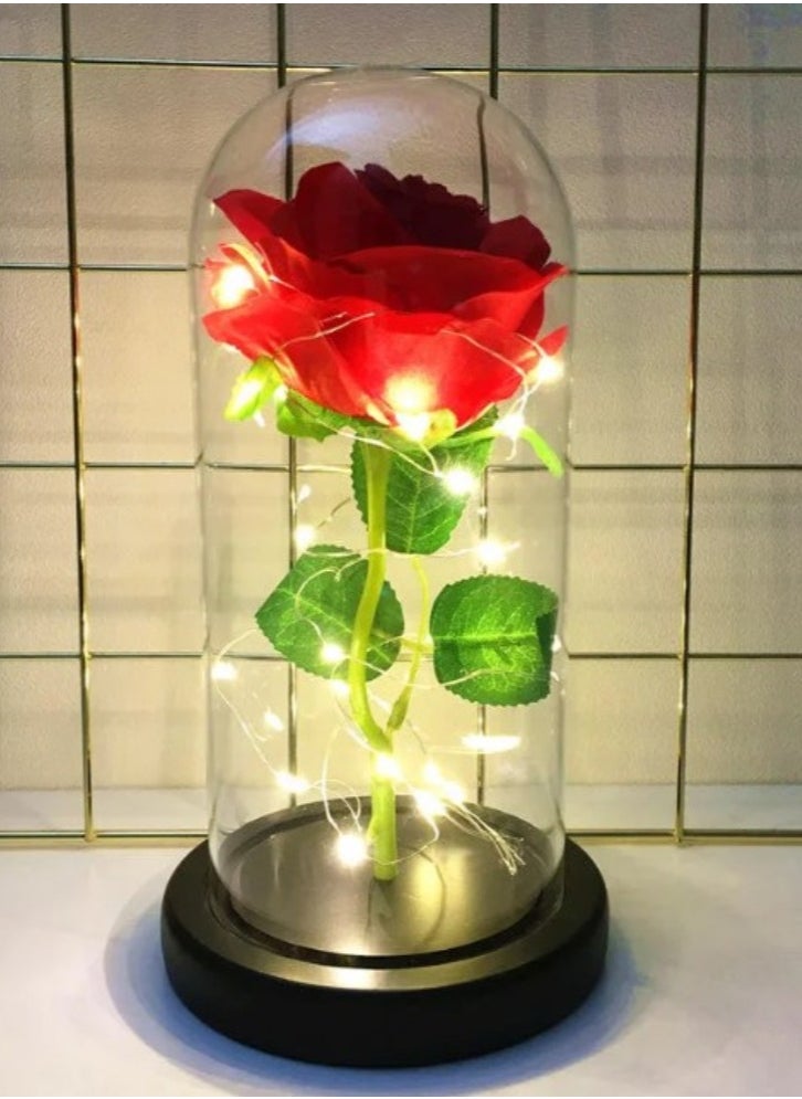 Beauty and The Beast Rose - Enchanted Red Silk Rose in Glass Dome with LED Light - Romantic Rose Kit - for Best Gifts Special Day, Girlfriend, Wedding Anniversary, Birthday etc.