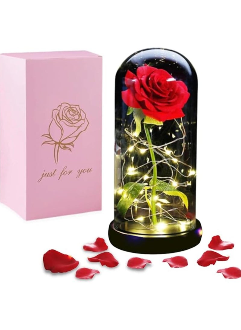 Beauty and The Beast Rose - Enchanted Red Silk Rose in Glass Dome with LED Light - Romantic Rose Kit - for Best Gifts Special Day, Girlfriend, Wedding Anniversary, Birthday etc.